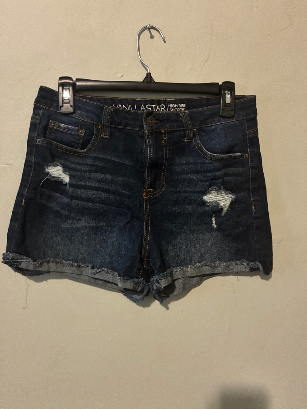 Vanilla Star Dark Wash Distressed Denim Shorts